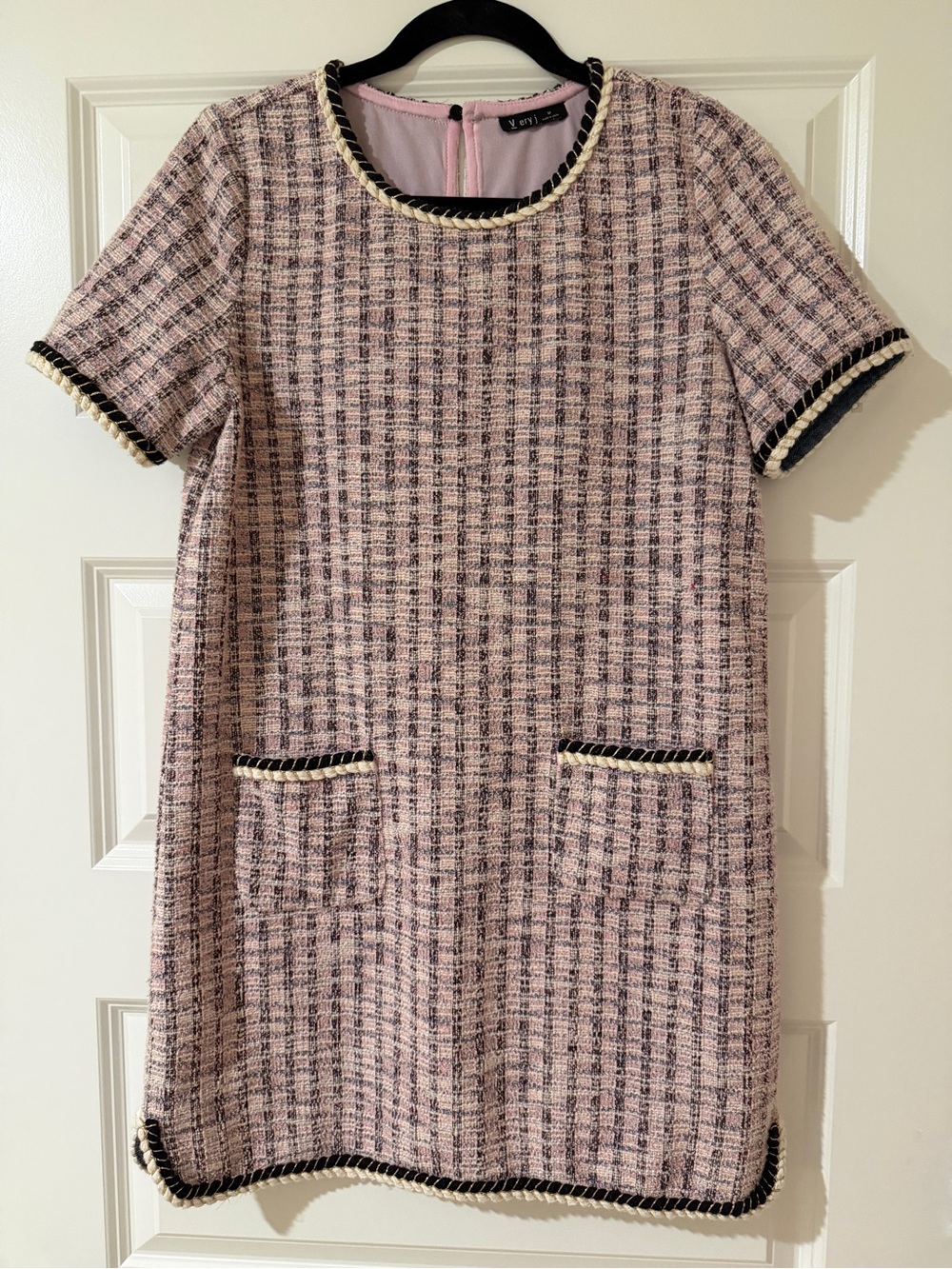 Very J Pink Tweed Shift Dress with Black & Cream Braided Trim